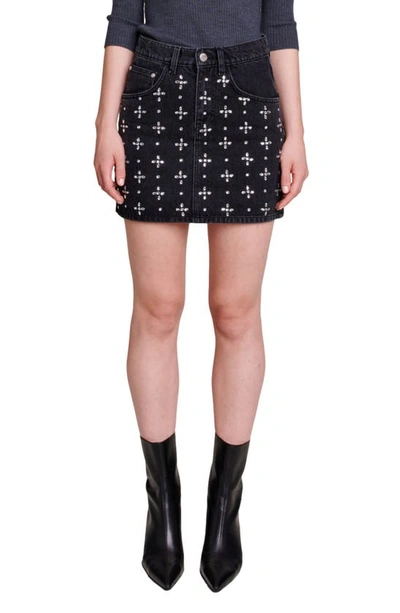 Maje Jicroix Embellished Cotton Denim Miniskirt In Black