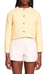 Maje Cropped Cotton-blend Bouclé-tweed Jacket In Pale Yellow /