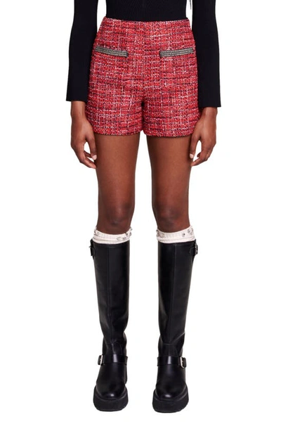 Maje Chain-link Trim Tweed Shorts In Red