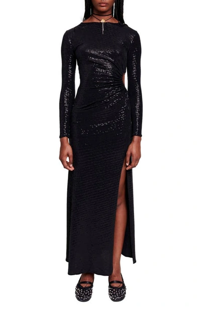 Maje Long Sleeve Sequined Gown In Black