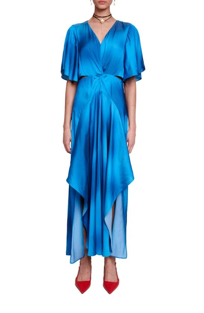 Maje Womens Bleus Renilina Butterfly-sleeve Asymmetric-hem Satin Maxi Dress In Blue