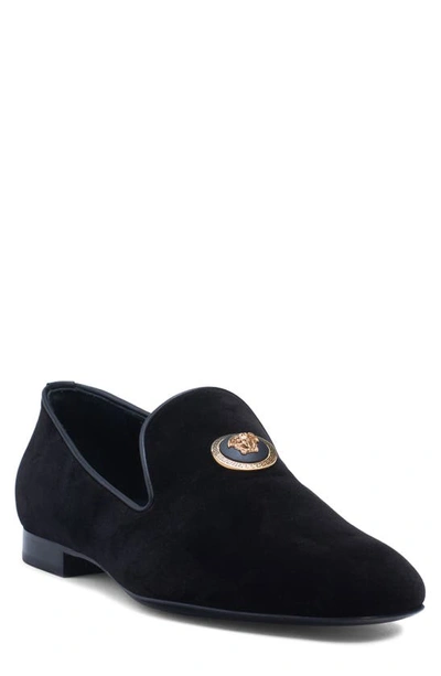 Versace Biggie Medusa Velvet Slipper In Black/ Gold