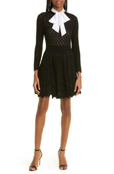 Alice And Olivia Gin Pointelle Lace Knit Dress With Bow In Black | ModeSens