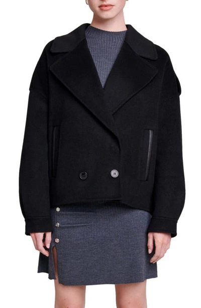 Maje Double Breasted Oversize Wool Blend Jacket In Noir