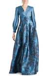SACHIN & BABI ZOE FLORAL BELTED LONG SLEEVE GOWN