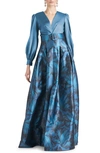 Sachin & Babi Zoe Floral Belted Long Sleeve Gown In Gunmetal Tonal Petal
