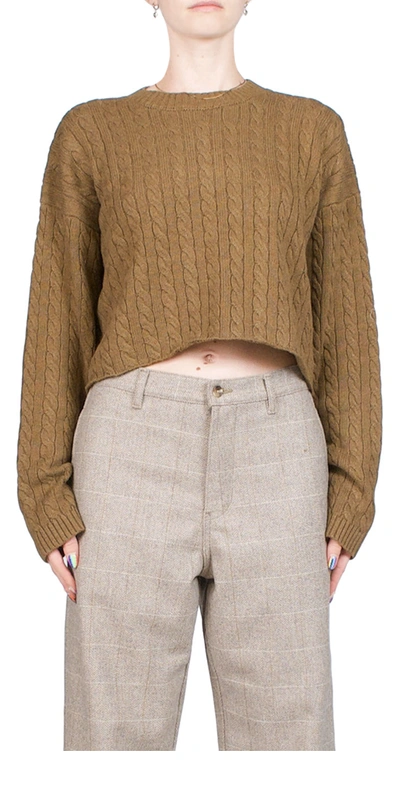 Denimist Oversized Cropped Cable-knit Cotton Sweater In Heather Brown