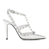 Valentino Garavani Pointed Toe Patent Leather Pumps With Ankle Strap And Square Studs In White