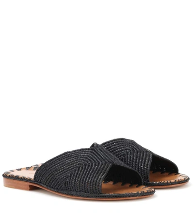 Carrie Forbes Woven Raffia Flat Slide Sandals In Black