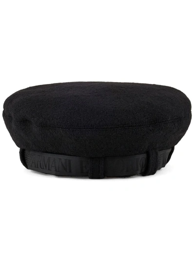 Emporio Armani Official Store Wool-blend Beret With Logo Ribbon In Black