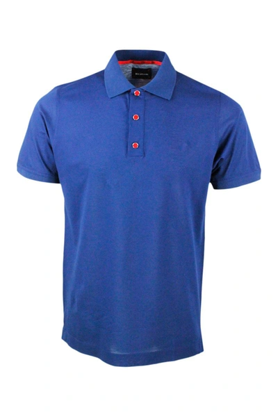 Kiton Short-sleeved Polo Shirt In Very Soft Cotton Crepes With Closure With Three Press Studs With Logo In Blue