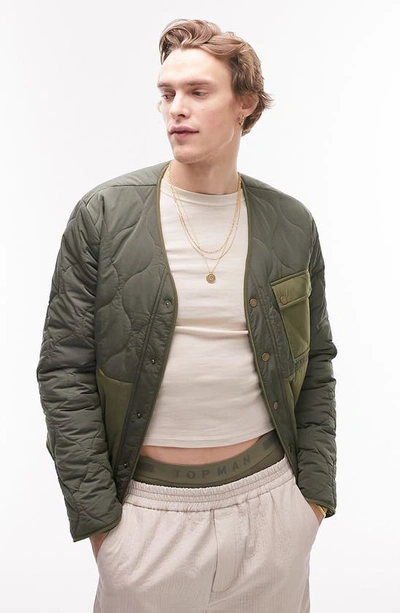 Topman Liner Jacket With Mixed Fabric In Khaki-green