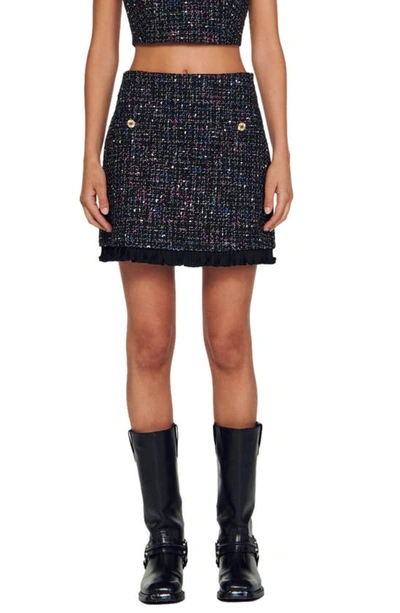 Sandro Keithy Ruffled Tweed Skirt In Noir / Gris