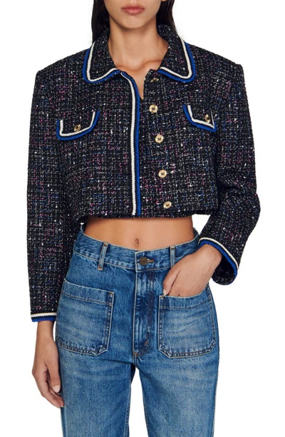 Sandro Vicky Tweed Cropped Jacket In Blanc/ Blue