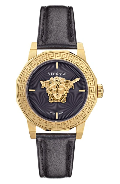 Versace Women's Swiss Medusa Deco Black Leather Strap Watch 38mm In Ip Yellow Gold