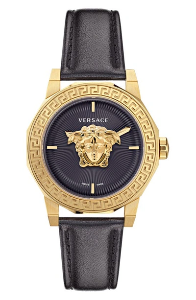 Versace 38mm Medusa Deco Watch With Leather Strap, Black In Ip Yellow Gold