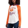 G-III 4HER BY CARL BANKS G-III 4HER BY CARL BANKS WHITE/ORANGE CLEMSON TIGERS FROM THE SIDELINE RAGLAN LONG SLEEVE HOODIE T-S