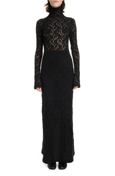 Chloé Long Sleeve Turtleneck Smocked Lace Maxi Dress In Black