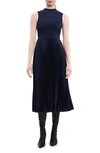 Theory Sleeveless Satin Pleated Combo Midi Dress In Nocturne Navy