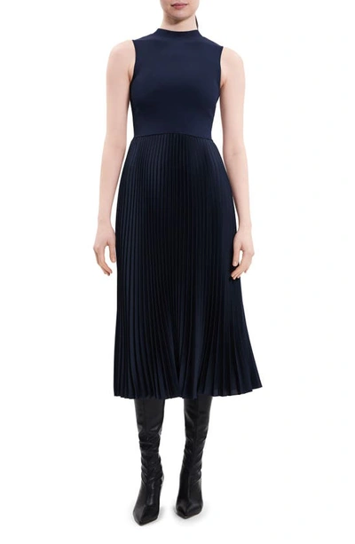 Theory Sleeveless Satin Pleated Combo Midi Dress In Nocturne Navy