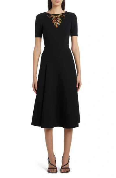 Etro Foliage-embroidered Wool Midi Dress In Black