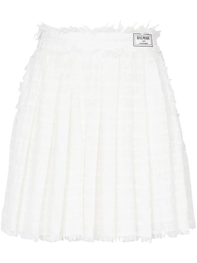 Balmain Pleated Tweed Miniskirt In White