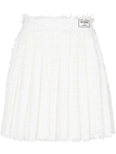 Balmain Women's Pleated Tweed Miniskirt In White
