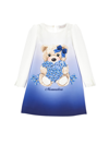 Monnalisa Crepe Dress With Maxi Bear In Cream + Light Blue