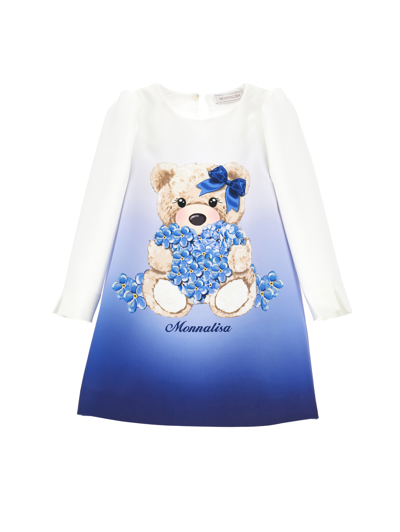 Monnalisa Kids'   Crepe Dress With Maxi Bear In Cream + Light Blue