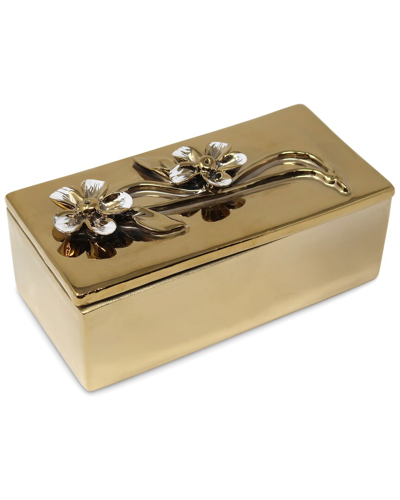 Vivience Oblong Decorative Box With Flower Lid In Gold