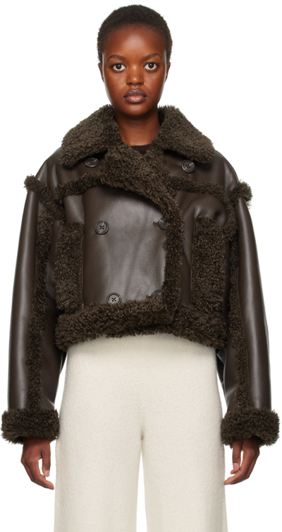 Stand Studio Kristy Double Breasted Faux Leather Crop Jacket With Faux Shearling Trim In Brown