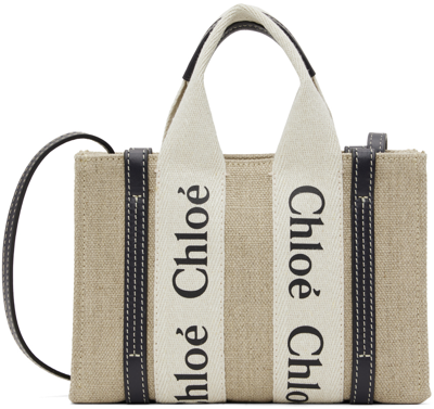Chloé Beige & Navy Mini Woody Bag In 91j White - Blue 1
