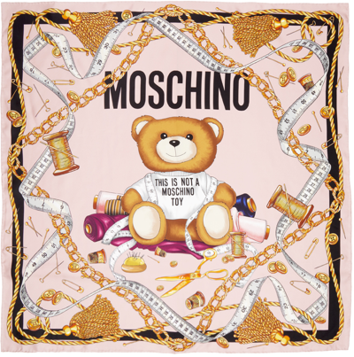 Moschino Signature Teddy Bear-motif Silk Scarf In White