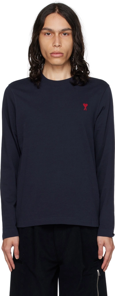 Ami Alexandre Mattiussi Navy Ami De Cœur Long Sleeve T-shirt In Night Blue.430