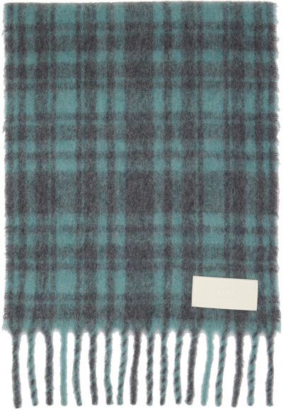 Ami Alexandre Mattiussi Logo-patch Checked Fringed-edge Scarf In Blue