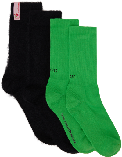 Socksss Two-pack Black & Green Socks In Phantom/applebottom