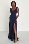 Lulus Sweetest Entrance Navy Blue Ruffled Tie-back Maxi Dress In Navy Blue