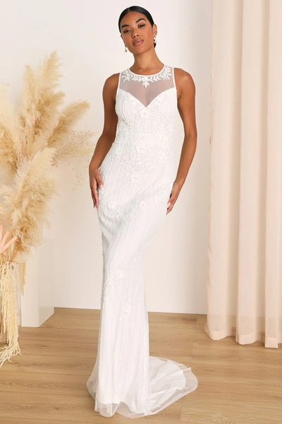 Lulus Modern Fairytale White Mesh Beaded Sequin Mermaid Maxi Dress