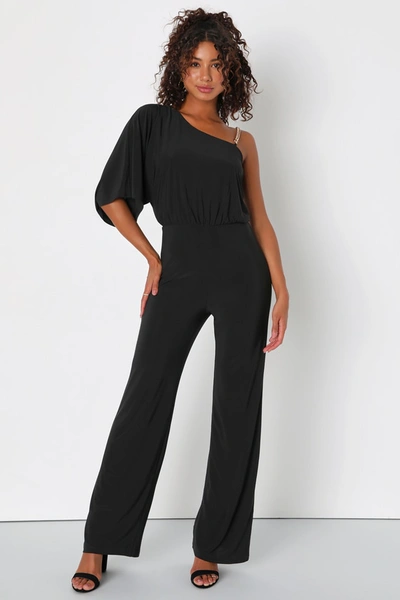 Lulus Brilliant Glamour Black Asymmetrical Chain Strap Jumpsuit