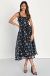 Lulus Delightful Look Black Floral Print Bustier Midi Skater Dress In Black