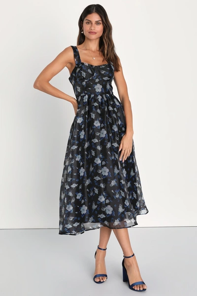 Lulus Delightful Look Black Floral Print Bustier Midi Skater Dress In Black/ Blue/ White