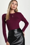 Lulus Basics Karlee Plum Purple Ribbed Knit Long Sleeve Sweater Top In Plum Purple