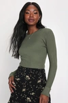 Lulus Basics Karlee Olive Green Ribbed Knit Long Sleeve Sweater Top In Olive Green