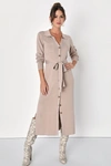 Lulus Charming Comfort Beige Collared Button-up Sweater Dress In Beige