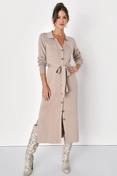 Lulus Charming Comfort Beige Collared Button-up Sweater Dress