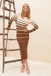 Lulus Seasonal Status Ivory And Brown Striped Midi Sweater Dress In Ivory