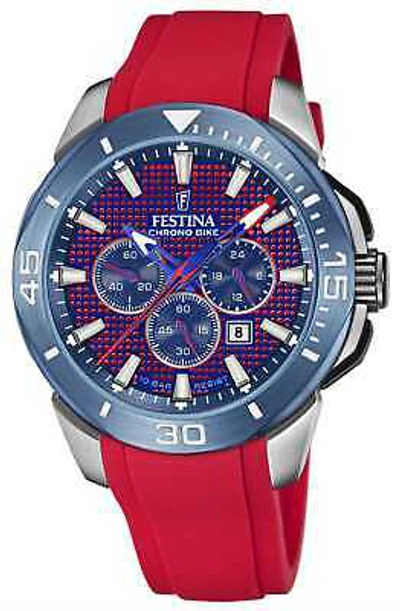 Pre-owned Festina Chrono Bike 2022 Red & Blue Dial / Red Rubber F20642/2 Watch