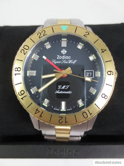 Pre-owned Zodiac Super Sea Wolf Gmt Automatic Two Tone Black Dial Men Watch Zo9406