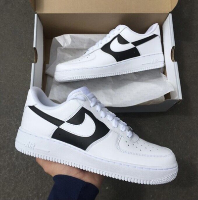 Pre-owned Nike Air Force 1 Custom Low Black Mirror Swoosh Shoes Sneaker Mens Womens Kids In White