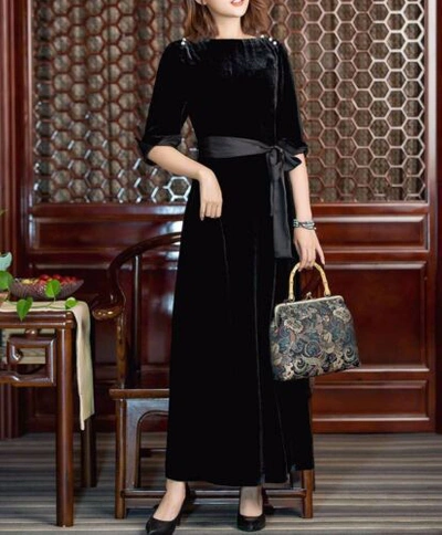 Pre-owned Handmade Custom Made To Order Velvet Slit 3/4 Sleeve Belted Evening Gown Plus 1x-10x Y575 In Black